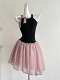 Sweet Black And Pink Polka Dot Halter Neck Chiffon Short Birthday Party Homecoming Dress HZ1022