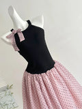 Sweet Black And Pink Polka Dot Halter Neck Chiffon Short Birthday Party Homecoming Dress HZ1022