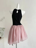 Sweet Black And Pink Polka Dot Halter Neck Chiffon Short Birthday Party Homecoming Dress HZ1022