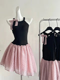 Sweet Black And Pink Polka Dot Halter Neck Chiffon Short Birthday Party Homecoming Dress HZ1022