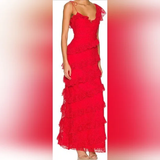 Sexy Sheath Lace Red Prom Dress Ruffles Party Dresses HZ1022