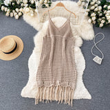 Sexy Spaghetti Straps Boho Resort Fringe Knit Dress Women Holiday Dress HZ1022