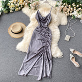 Sexy Spaghetti Straps Backless Silk Satin Dress Women Summer Holiday Dress HZ1022