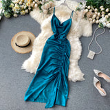 Sexy Spaghetti Straps Backless Silk Satin Dress Women Summer Holiday Dress HZ1022