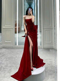 Sexy Mermaid Strapless Red Long Slit Prom Dress Evening Dresses HZ1022
