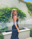 SHeath Straps Black Split Prom Dress Women Sexy Party Dresses HZ1022