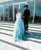 Sky Blue New Style Long Prom Dress Puffy Sleeveless Party Dresses HZ1022