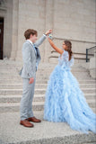 Sky Blue New Style Long Prom Dress Puffy Sleeveless Party Dresses HZ1022