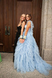 Sky Blue New Style Long Prom Dress Puffy Sleeveless Party Dresses HZ1022