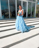 Sky Blue New Style Long Prom Dress Puffy Sleeveless Party Dresses HZ1022