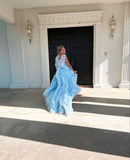 Sky Blue New Style Long Prom Dress Puffy Sleeveless Party Dresses HZ1022