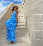 Sexy High Low V neckline Blue Prom Dress Tulle Party Dresses HZ1022