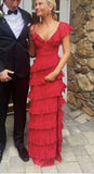Sexy Sheath Lace Red Prom Dress Ruffles Party Dresses HZ1022