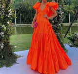 Sexy A line V neckline Organge Prom Dress Long Party Dresses HZ1022