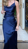 Sexy Sheath Sleeveless Party Dress Navy Blue Silk Satin Prom Dress HZ1022