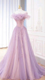 Fairy Ball Gown Off The Shoulder Lilac Tulle Prom Dresses Long Party Dress HZ1022