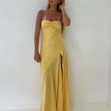 Sexy Mermaid Spaghetti Straps Sleeveless Party Dress Yellow Prom Dresses HZ1022