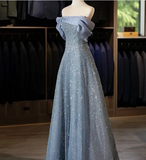 Modest Ball Gown Off The Shoulder Sequin Long Party Dress Gray Prom Dress HZ1022
