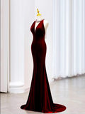 Modest Mermaid Scoop Neckline Burgundy Velvet Long Party Dress Prom Dress HZ1022