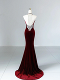 Modest Mermaid Scoop Neckline Burgundy Velvet Long Party Dress Prom Dress HZ1022