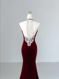 Modest Mermaid Scoop Neckline Burgundy Velvet Long Party Dress Prom Dress HZ1022