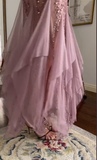 Modest Mermaid V Neckline Pink Chiffon Ruffles Long Party Dress Prom Dresses HZ1022