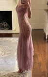 Modest Mermaid V Neckline Pink Chiffon Ruffles Long Party Dress Prom Dresses HZ1022