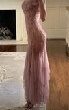 Modest Mermaid V Neckline Pink Chiffon Ruffles Long Party Dress Prom Dresses HZ1022