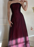 Modest A Line Strapless Burgundy Tulle Beads Long Party Dress Prom Dresses HZ1022