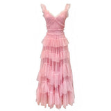 Pretty A Line V Neckline Tulle Ruffles Long Prom Dresses Party Evening Dress HZ1022