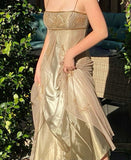 Vintage A Line Spaghetti Straps Gold Long Prom Dresses Party Evening Dress HZ1022