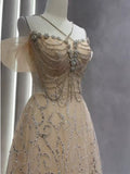 Vintage A Line Straps Champagne Tulle Long Prom Dresses Party Evening Dress HZ1022