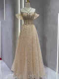 Vintage A Line Straps Champagne Tulle Long Prom Dresses Party Evening Dress HZ1022