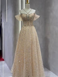 Vintage A Line Straps Champagne Tulle Long Prom Dresses Party Evening Dress HZ1022