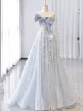 Vintage A Line Strapless Light Sky Blue Tulle Long Prom Dresses Party Evening Dress HZ1022
