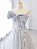 Vintage A Line Strapless Light Sky Blue Tulle Long Prom Dresses Party Evening Dress HZ1022