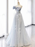Vintage A Line Strapless Light Sky Blue Tulle Long Prom Dresses Party Evening Dress HZ1022