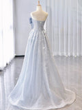 Vintage A Line Strapless Light Sky Blue Tulle Long Prom Dresses Party Evening Dress HZ1022