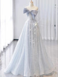 Vintage A Line Strapless Light Sky Blue Tulle Long Prom Dresses Party Evening Dress HZ1022