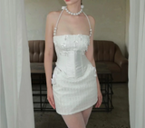 Heavy Industry Bow Pearl Fishbone Halter Neck White Birthday Party Homecoming Dress HZ1022