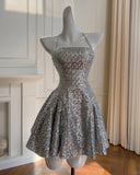 Shiny Silver Grey Sequin Halter Neck Tie Back Mini Birthday Party Homecoming Dress HZ1022
