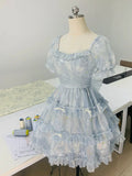 Girls blue square neck small print three-dimensional bow sweet homecoming dress HZ1022