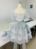 Girls blue square neck small print three-dimensional bow sweet homecoming dress HZ1022