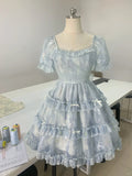 Girls blue square neck small print three-dimensional bow sweet homecoming dress HZ1022