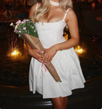 Sexy White Suspenders Back Tie-Up A-Shaped Birthday Party Homecoming Dress HZ1022