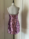 Sparkling Spaghetti Strap Purple Sequin Slim Fit Mini Birthday Party Homecoming Dress HZ1022