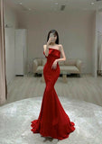 Simple Mermaid Red Prom Dress Satin Long Evening Dress HZ1022