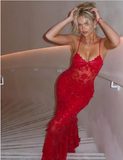 Beautiful Spaghetti Straps Birthday Party Dresses Red Lace Prom Dresses HZ1022