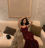 Sexy Mermaid Red Party Dresses Sequin Red Prom Dresses HZ1022