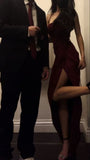Sexy Mermaid Straps Burgundy Party Dresses Slit Long Backless Prom Dresses HZ1022